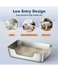 Aronkl Stainless Steel Cat Litter Box Low Entry Anti Splash Odor Free Non Stick Easy Clean for Senior Injured Cats