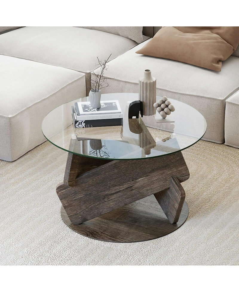 Sugift Round Glass Coffee Table with Tempered Glass Top