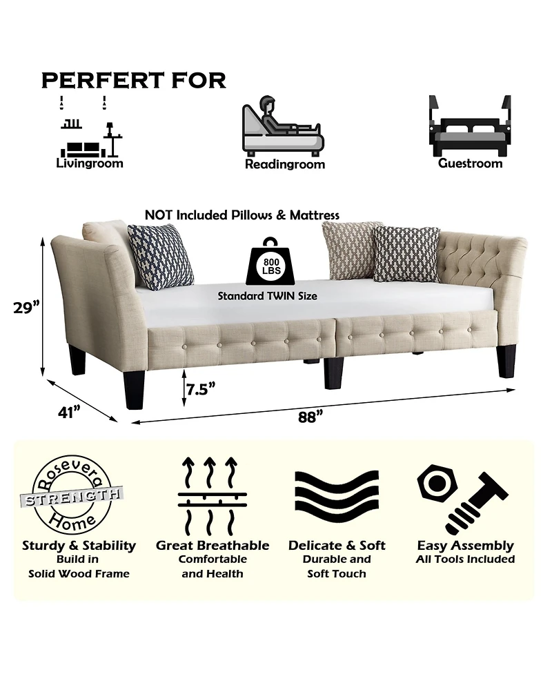 Boyel Living Button Tufted Upholstered Bed Vintage Style Bed Frame with Solid Wood Legs