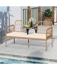 Sugift Outdoor Pe Rattan Loveseat with Built In Table and Cushions