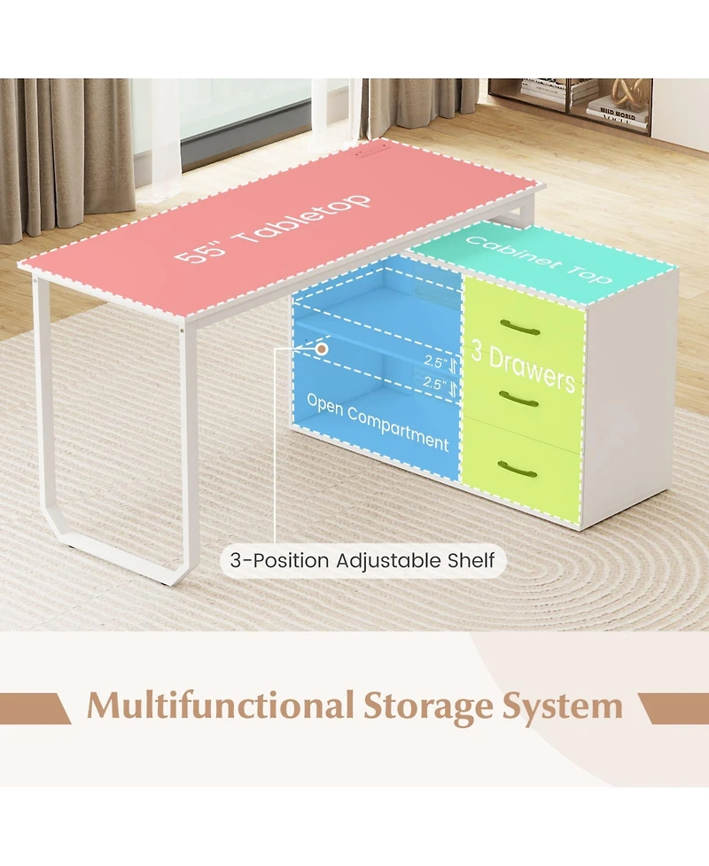 Slickblue 55" L Desk Reversible with 3 Drawers and Adjustable Storage Shelf