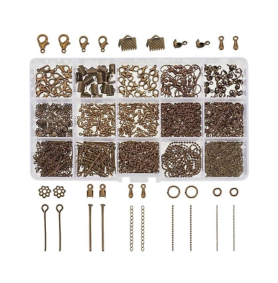 Gnuadz 870pcs Jewelry Finding Kit Lobster Clasp Jump Ring Earring Hook Bead Cap Eye Pin Head Pin Chain Extender Cord Tip Ribbon Clamp Knot Drop