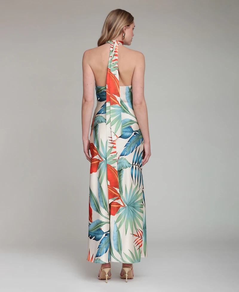 Avec Les Filles Women's Printed Halter Scarf-Tie Maxi Dress