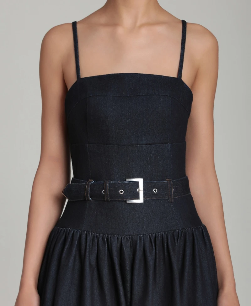 Avec Les Filles Women's Belted Drop Waist Stretch Denim Midi Dress