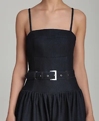 Avec Les Filles Women's Belted Drop Waist Stretch Denim Midi Dress