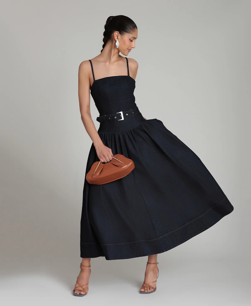 Avec Les Filles Women's Belted Drop Waist Stretch Denim Midi Dress