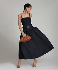Avec Les Filles Women's Belted Drop Waist Stretch Denim Midi Dress