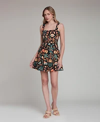 Avec Les Filles Women's Tropical Print Stretch Pleated Mini Dress