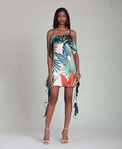 Avec Les Filles Women's Tropical Satin Asymmetric Drape Mini Dress