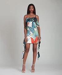 Avec Les Filles Women's Tropical Satin Asymmetric Drape Mini Dress