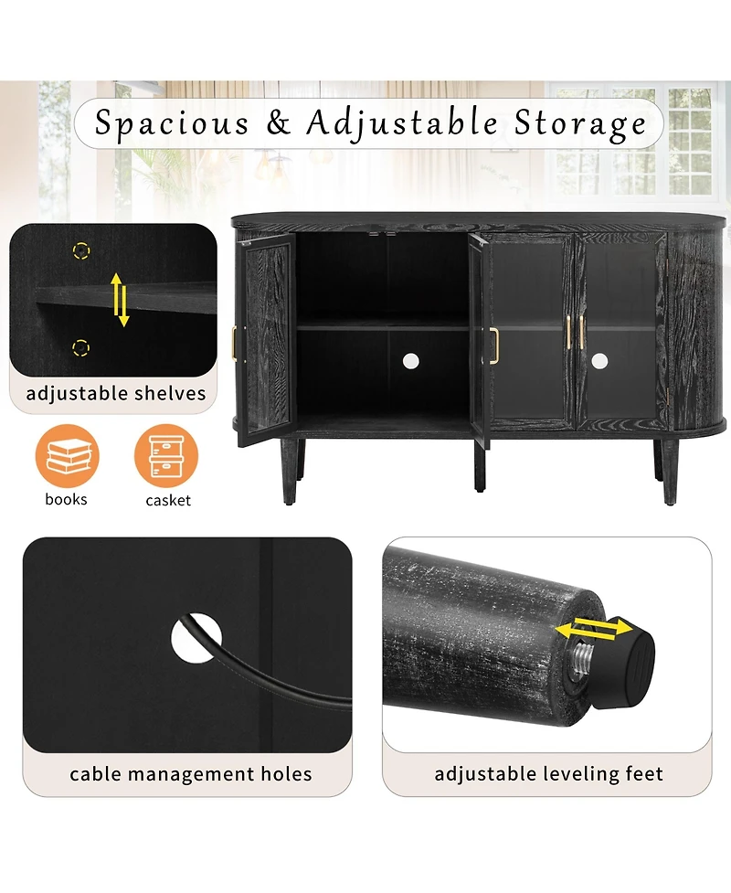 Rainsken Farmhouse Sideboard Cabinet, Wood Buffet Cabinet with Glass Doors, Adjustable Shelves and Cable Management for Dining Room, Living Room