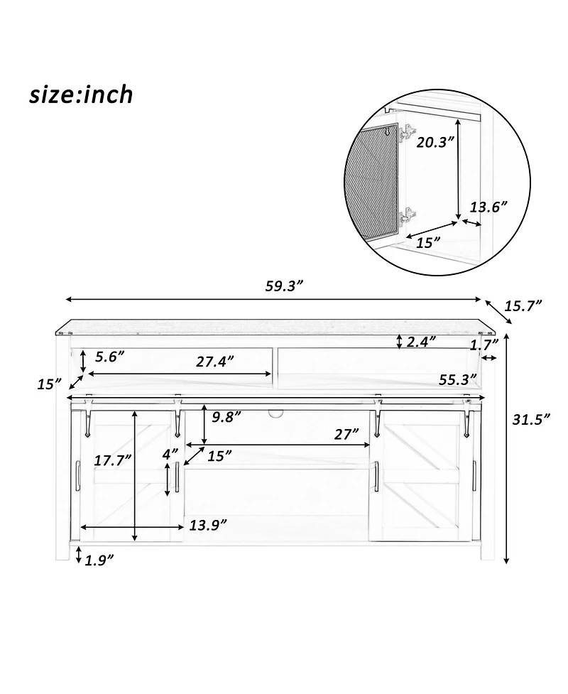 Rainsken Farmhouse Sideboard, Wood Buffet Cabinet with Open Storage, Sliding Barn Door and Mesh Panels for Living Room, Kitchen