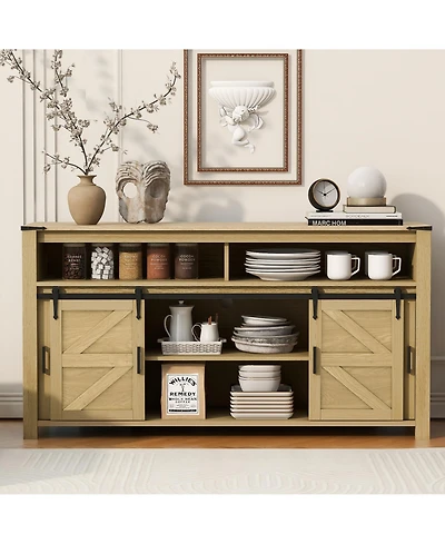 Rainsken Farmhouse Buffet Cabinet with Sliding Barn Doors, Mesh Panels and Open Storage Cubbies for Living Room, Kitchen and Dining Room