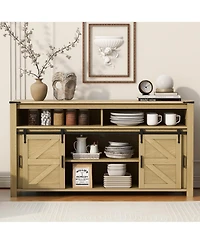 Rainsken Farmhouse Buffet Cabinet with Sliding Barn Doors, Mesh Panels and Open Storage Cubbies for Living Room, Kitchen and Dining Room