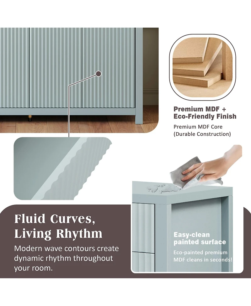 Rainsken Modern Wood Fluted Console Table, Buffet Sideboard Storage Cabinet with 2 Drawers, 4 Doors and Adjustable Shelves for Living Room