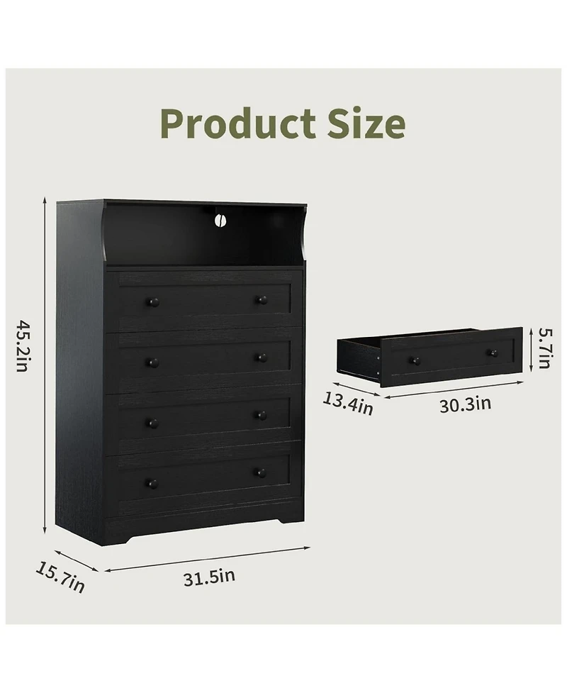 Gaomon 4 Drawer Wooden Dresser with Charging Station and Led Light for Bedroom or Closet