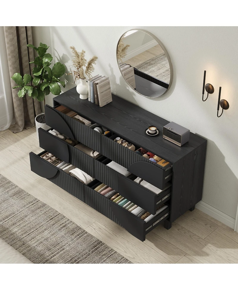 Rainsken Modern 6-Drawer Fluted Wooden Dresser – Geometric Round Accent Chest of Drawers, Spacious Storage Cabinet for Bedroom and Living Room