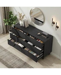 Rainsken Modern 6-Drawer Fluted Wooden Dresser – Geometric Round Accent Chest of Drawers, Spacious Storage Cabinet for Bedroom and Living Room