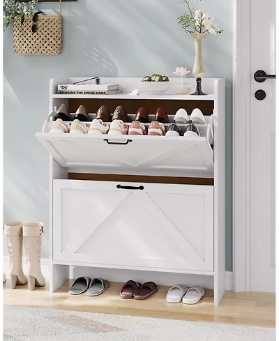 homfan Farmhouse Shoe Cabinet with 2 Flip Drawers, White, Slim Entryway Storage with Metal Legs