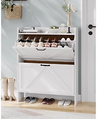 homfan Farmhouse Shoe Cabinet with 2 Flip Drawers, White, Slim Entryway Storage with Metal Legs