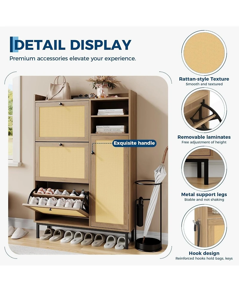 homfan Rattan Shoe Cabinet with 3 Flip Drawers and Metal Legs, 20.08 x 9.25 x 51.38 in