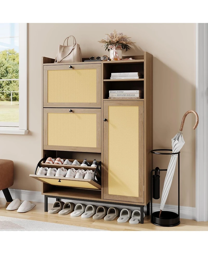homfan Rattan Shoe Cabinet with 3 Flip Drawers and Metal Legs, 20.08 x 9.25 x 51.38 in