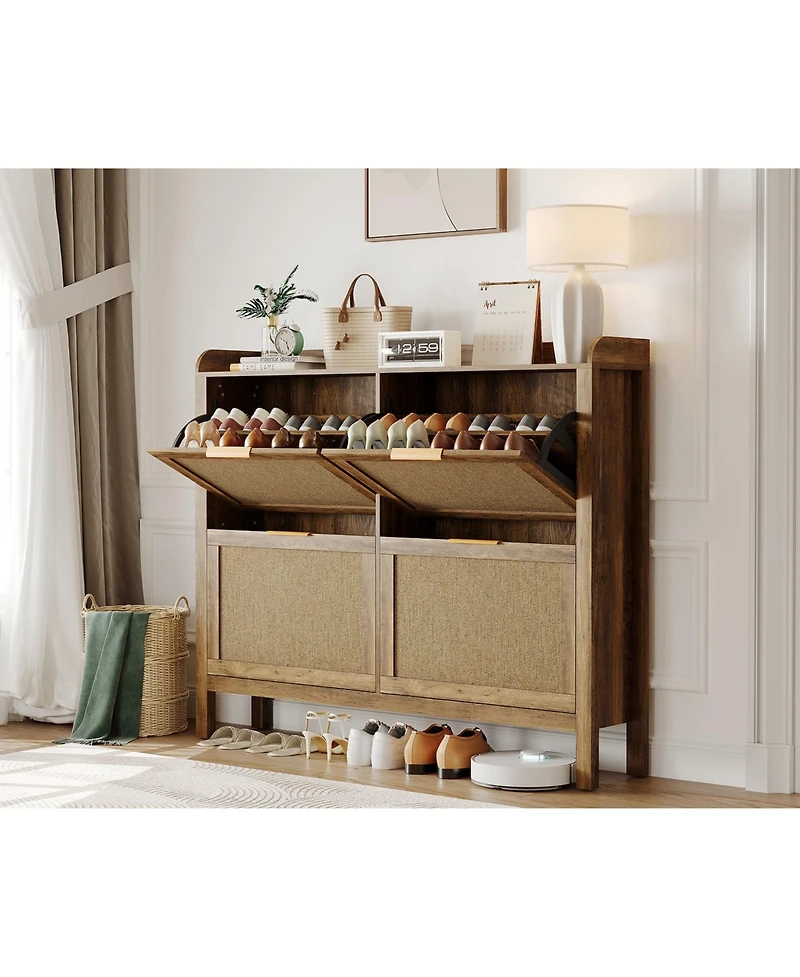 homfan Rattan Shoe Cabinet with 4 Flip Drawers, 47 Wide Slim Entryway Storage, 9.45 Depth