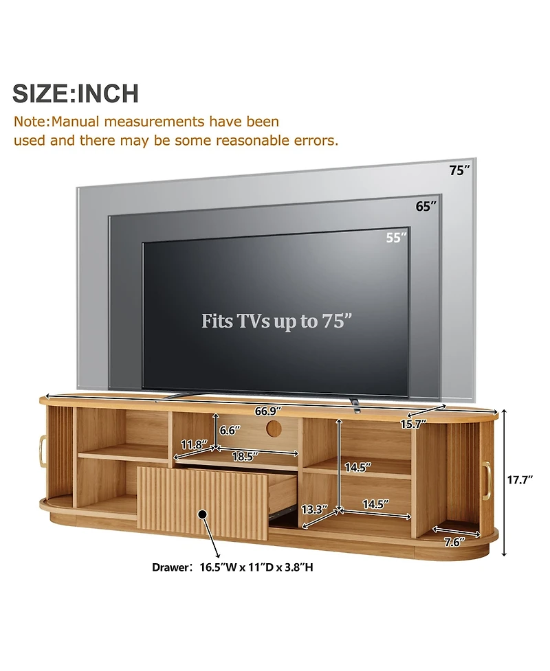 Rainsken Fluted Tv Stand for TVs up to 75", Farmhouse Media Console Entertainment Center with Sliding Wood Slatted Doors and Drawer for Living Room