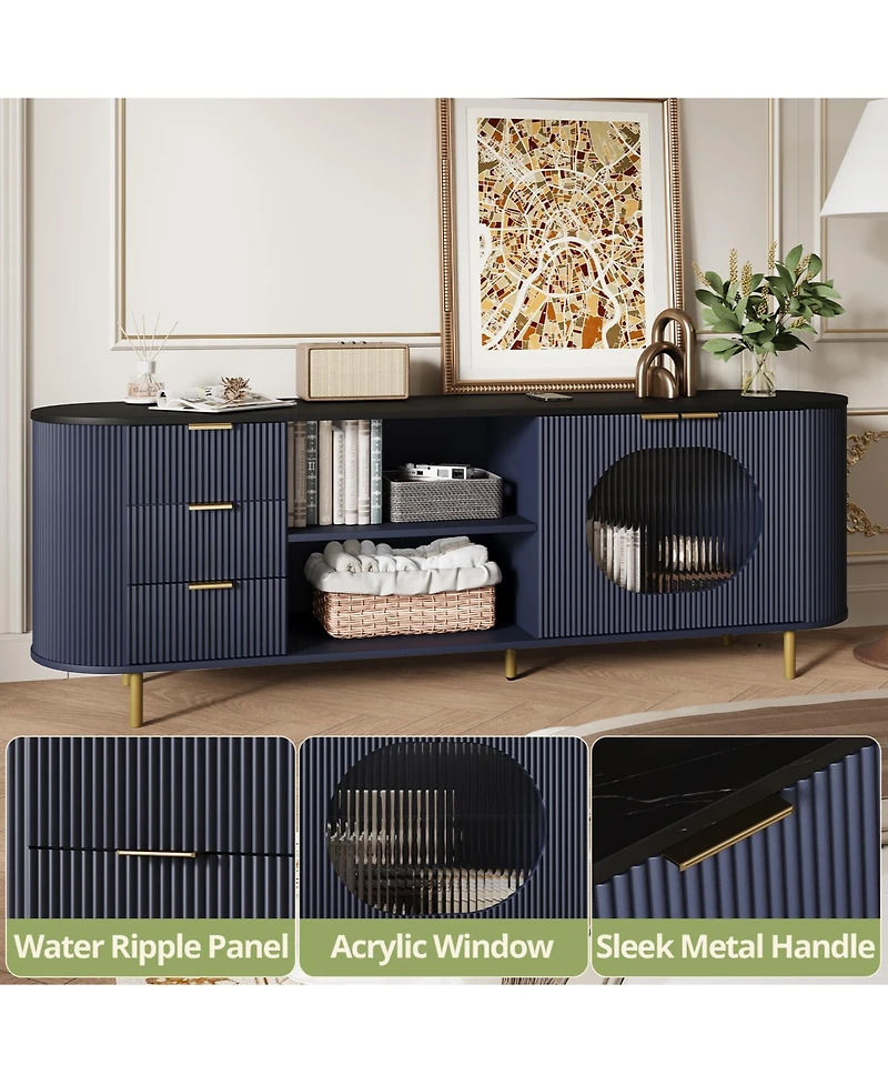 Rainsken 69" Curved Media Console for TVs Up to 80", Modern Entertainment Center with Wavy Acrylic Doors and Spacious Storage for Living Room