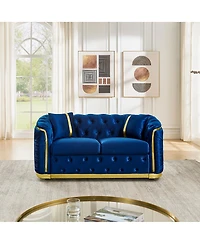 Streamdale Furniture Mid Century Modern Chesterfield Loveseat Couch, Velvet Blue & Gold Tufted Sofa
