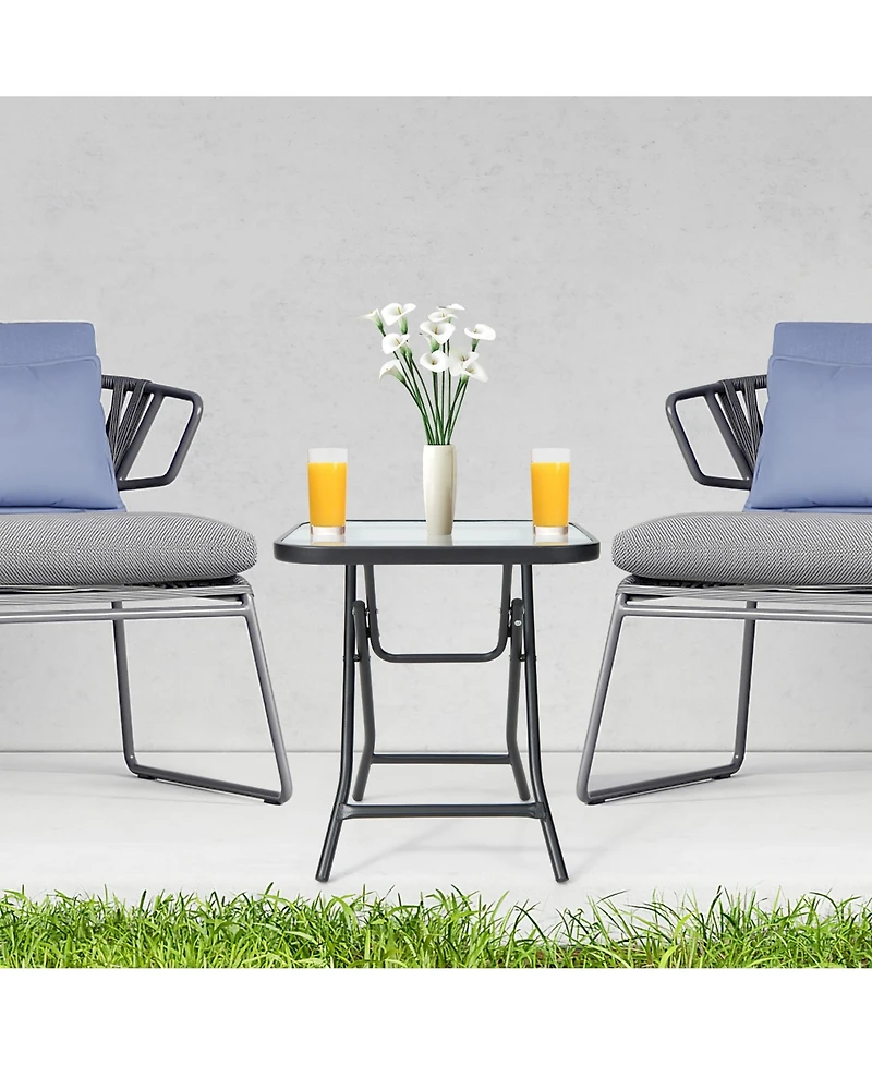 Gymax 18'' Foldable Patio Side Table Square Coffee Bistro Table w/ Tempered Glass Table Top
