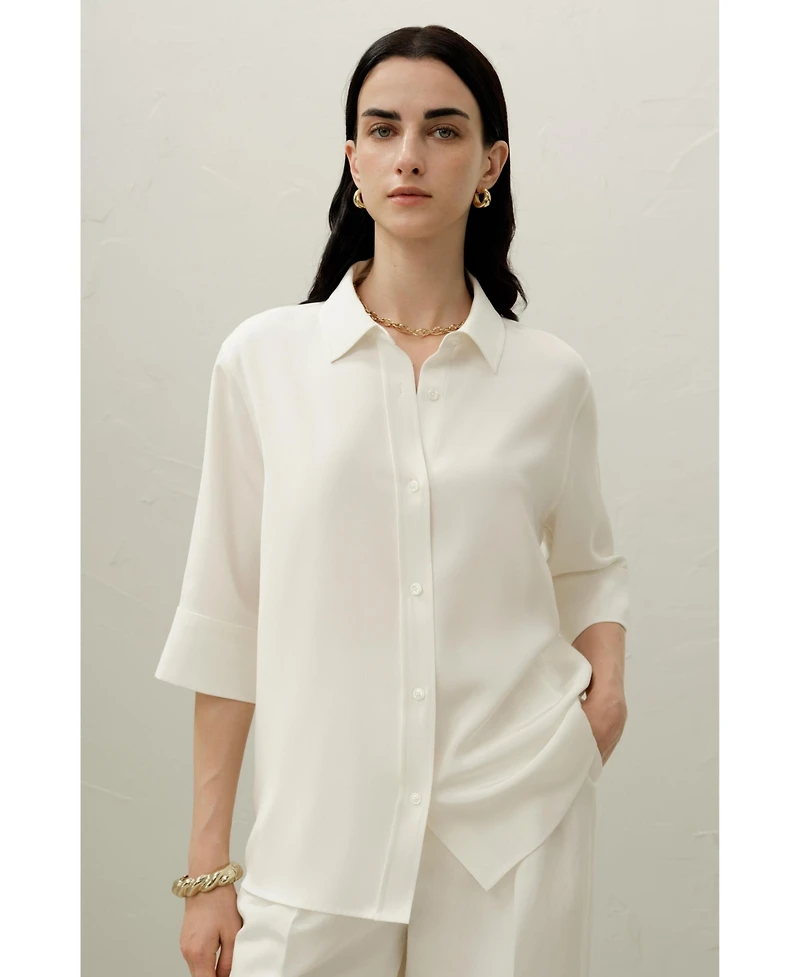 Lilysilk Women's Heavy Silk Crepe Relaxed Half-Sleeve Shirt