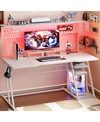 Aheaplus 55'' Gaming Desk - Cumputer Desk with Hutch, Outlets, and Led Lights