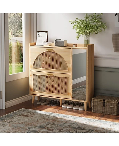 homfan Rattan Shoe Cabinet with Mirror, 2 Flip Drawers and Side Door, Entryway Storage