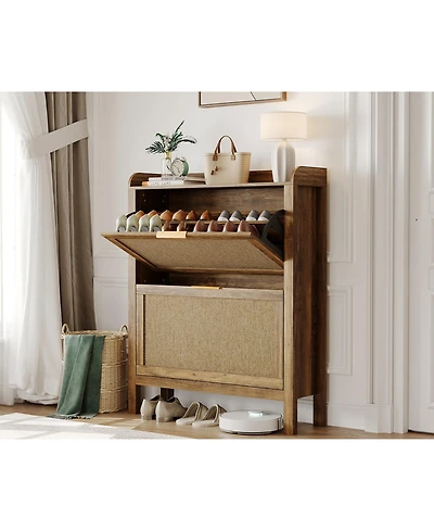homfan Farmhouse Rattan Shoe Cabinet with 2 Flip Drawers, Brown, 32 in Narrow Entryway Storage