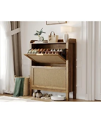 homfan Farmhouse Rattan Shoe Cabinet with 2 Flip Drawers, Brown, 32 in Narrow Entryway Storage