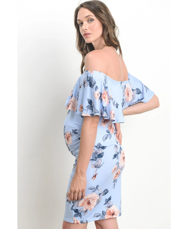 Hello Miz Women's Maternity Off-the-Shoulder Floral Ruffle Bodycon Dress