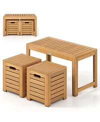 Gouun 3-Piece Acacia Wood Outdoor Coffee Table and Stool Set with Storage