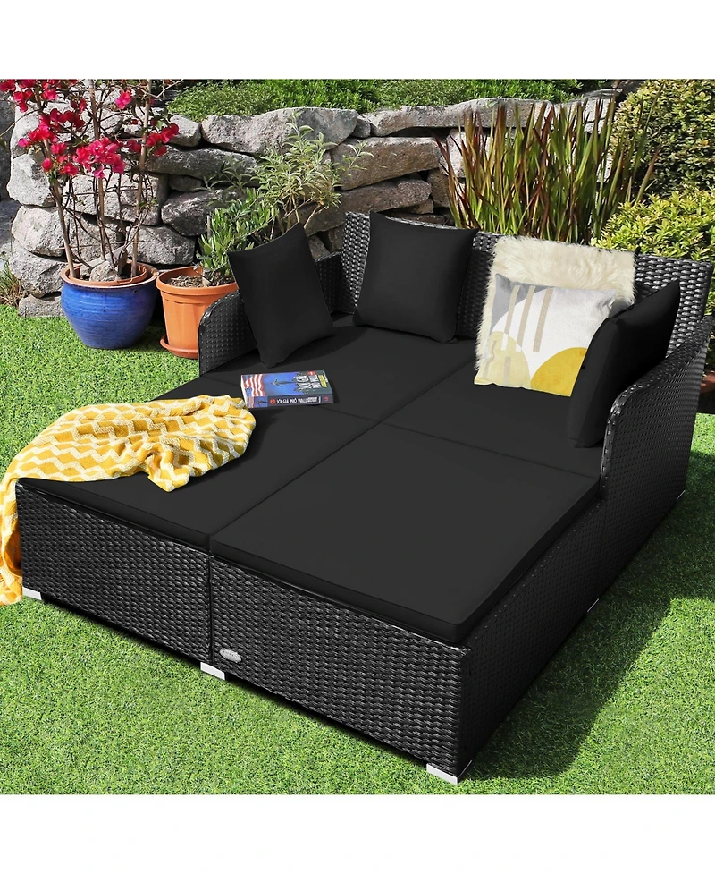 Gouun Outdoor Rattan Daybed with Upholstered Cushions and Pillows