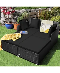 Gouun Outdoor Rattan Daybed with Upholstered Cushions and Pillows