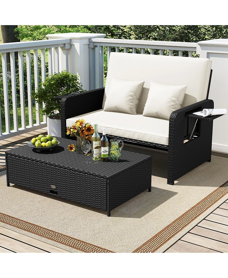 Gouun Outdoor Wicker Daybed with 4-Level Adjustable Backrest and Storage Ottoman