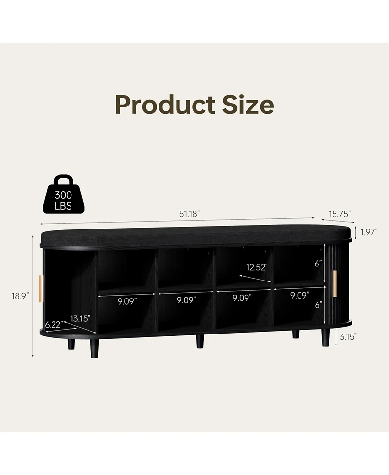 Yigii 2-Tier Storage Shoe Bench Thickened Padded Seat Mid Century Modern Fluted Sliding Door Adjustable Shelf