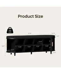 Yigii 2-Tier Storage Shoe Bench Thickened Padded Seat Mid Century Modern Fluted Sliding Door Adjustable Shelf