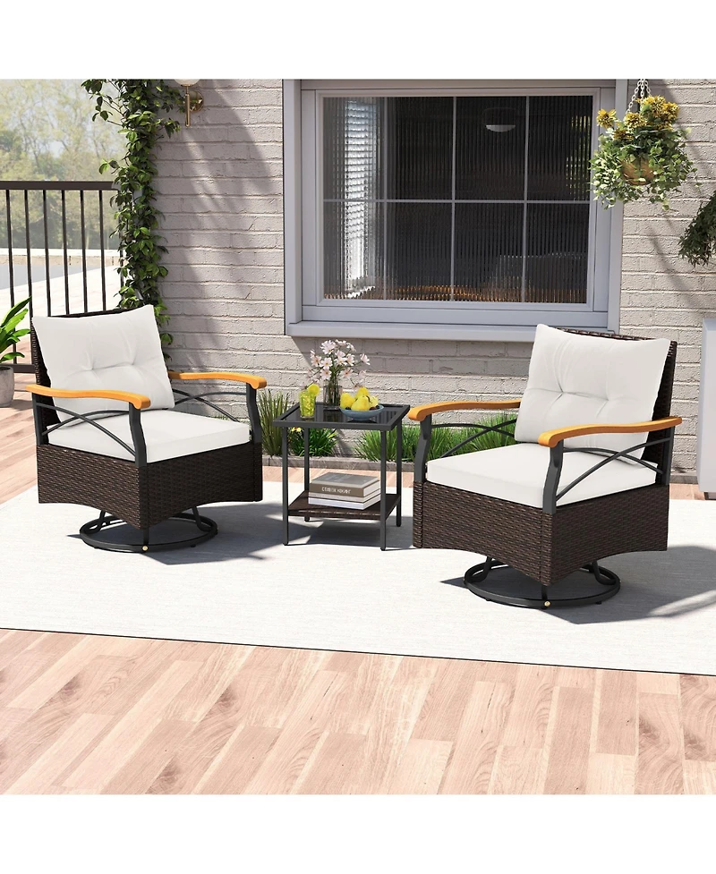 Gouun 3-Piece Outdoor Swivel Wicker Chair Set with Tempered Glass Side Table