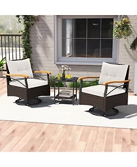 Gouun 3-Piece Outdoor Swivel Wicker Chair Set with Tempered Glass Side Table
