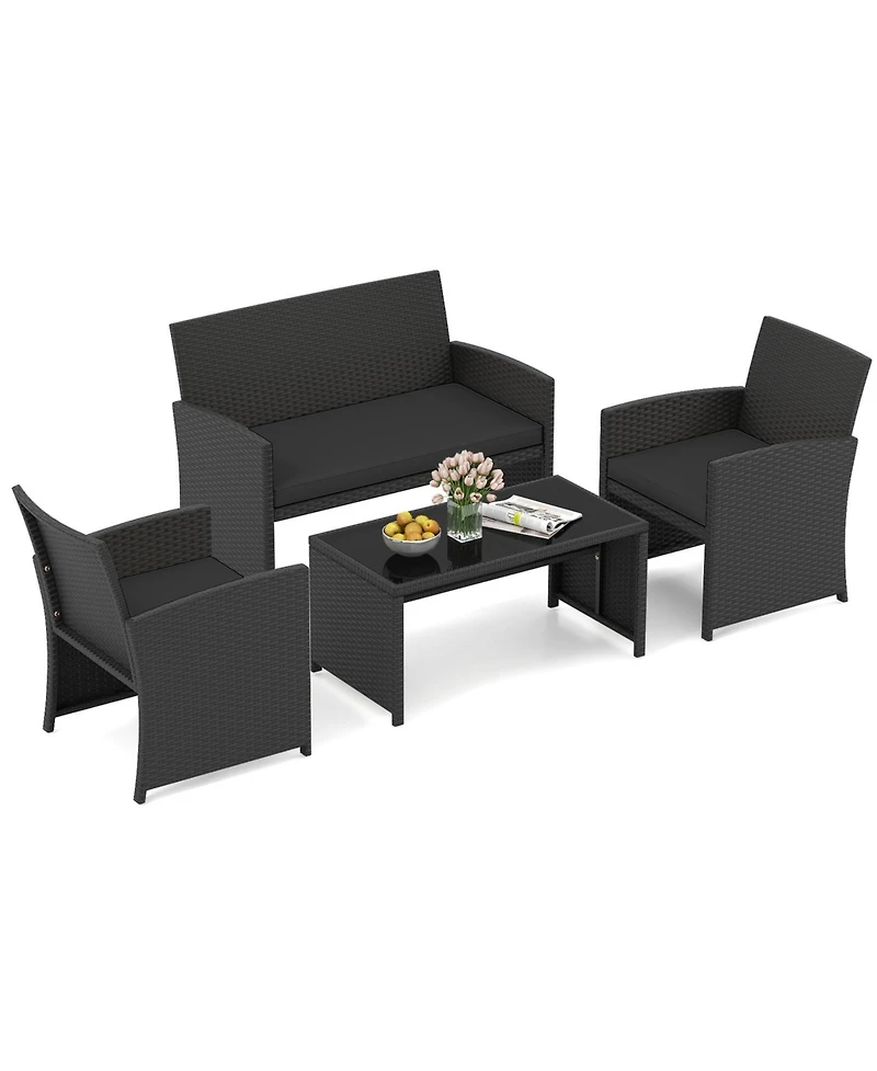 Gouun 4-Piece Patio Rattan Furniture Set with Removable Cushions and Glass Table