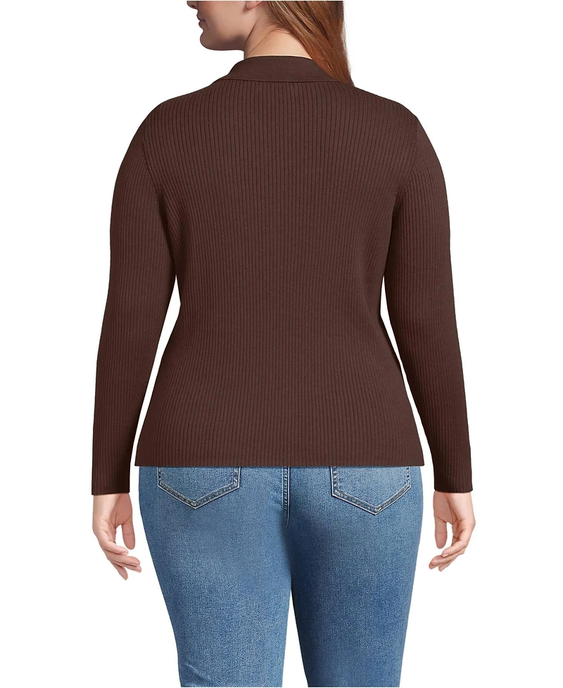 Lands' End Plus Cotton Ribbed Long Sleeve Polo Sweater