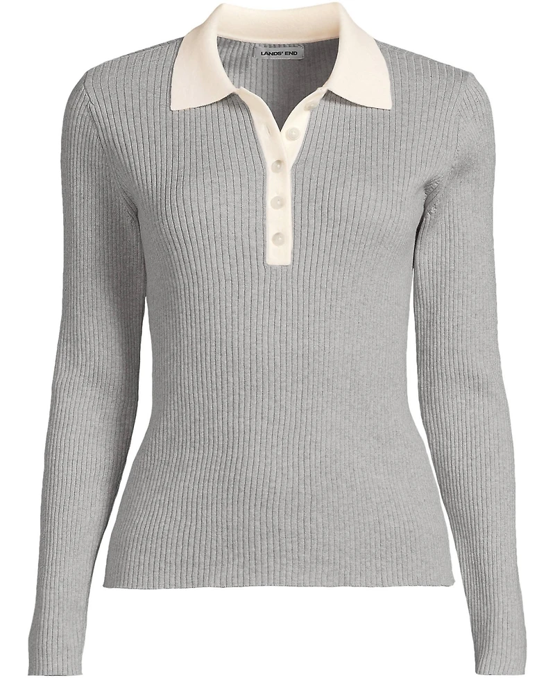 Lands' End Plus Cotton Ribbed Long Sleeve Polo Sweater