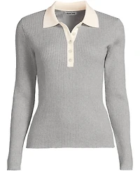 Lands' End Plus Cotton Ribbed Long Sleeve Polo Sweater