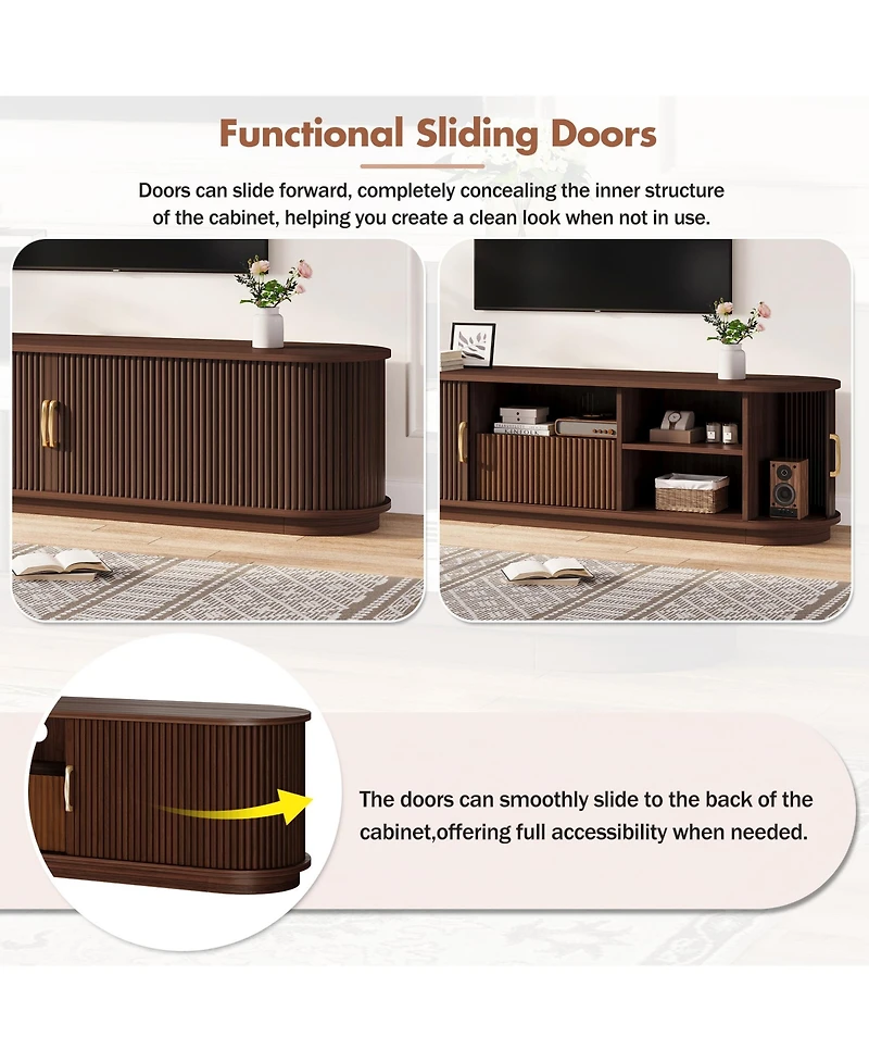 Rainsken Fluted Entertainment Center for TVs Up to 75 Inches, Farmhouse Style Media Stand with Sliding Wood Slatted Doors and Drawer for Living Room